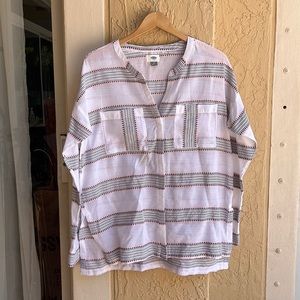 Old Navy Button Through Long Sleeve Tunic in White/Black/Pink Stripe Size Medium